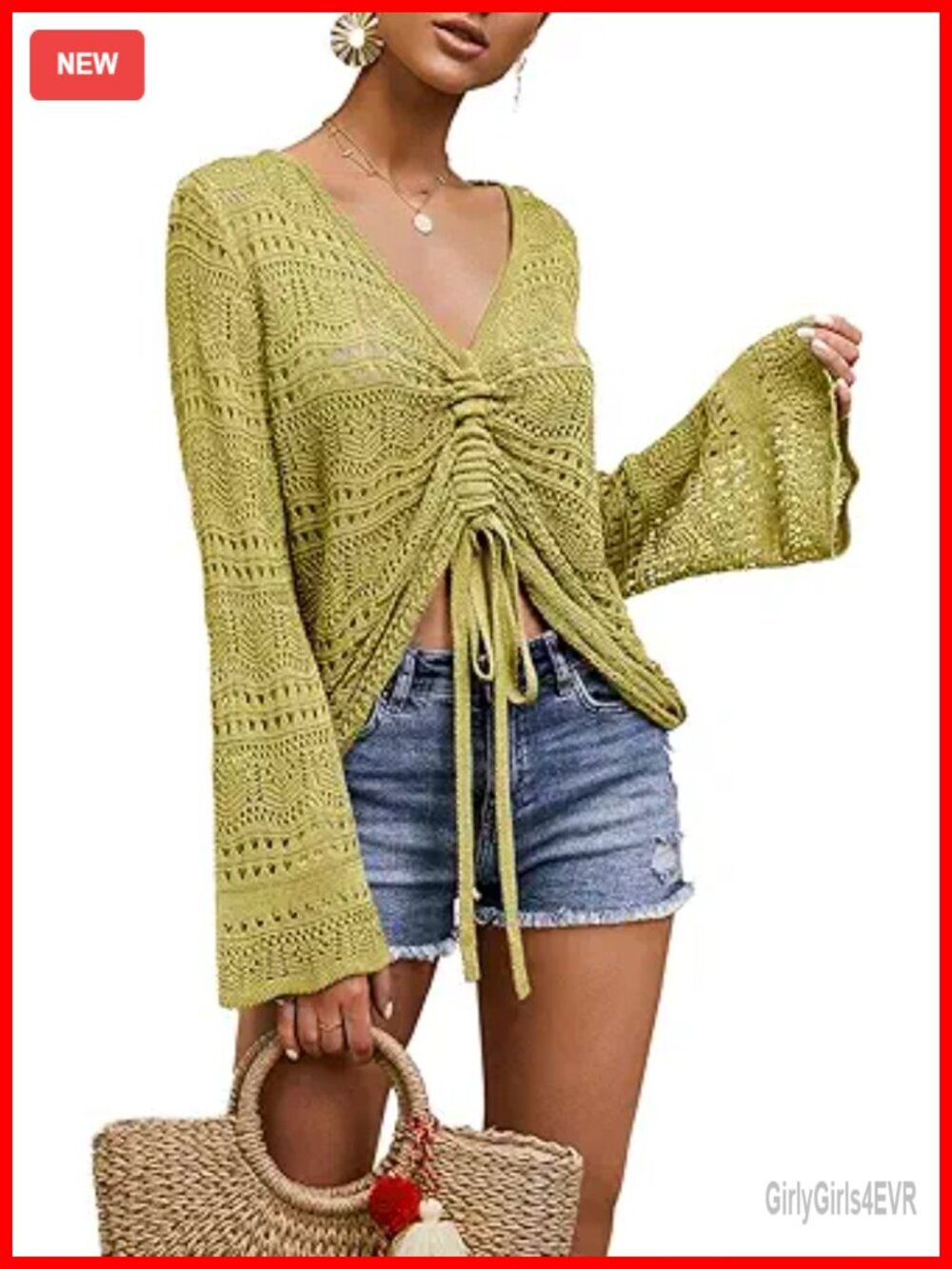 Off Shoulder Sheer Crop Top Bell Sleeve Flowey Oversized Crochet Ruched